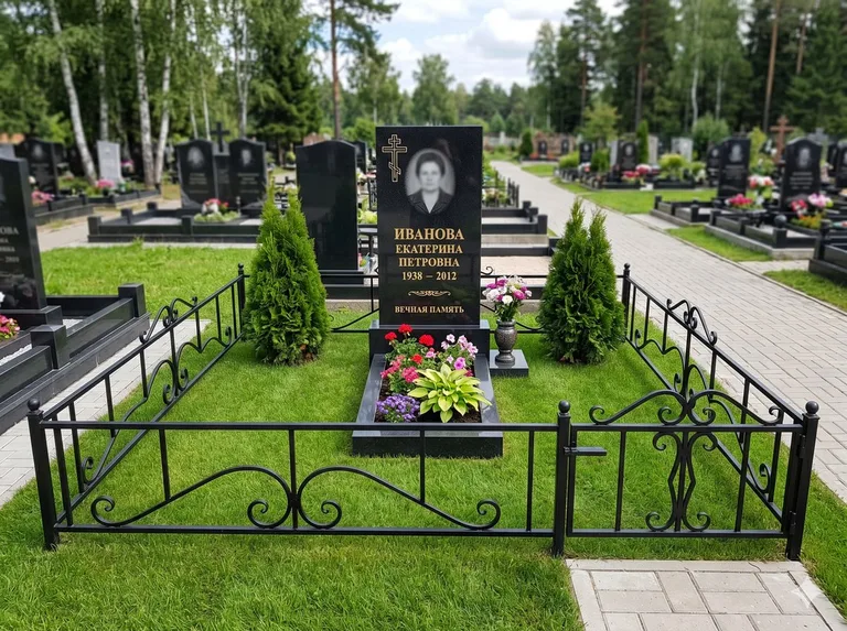 Зелёный газон на могильном участке в Альметьевске