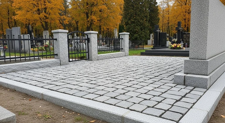Благоустройство захоронений в Альметьевске — мощение гранитной плиткой, цоколь и ограда на ухоженном участке