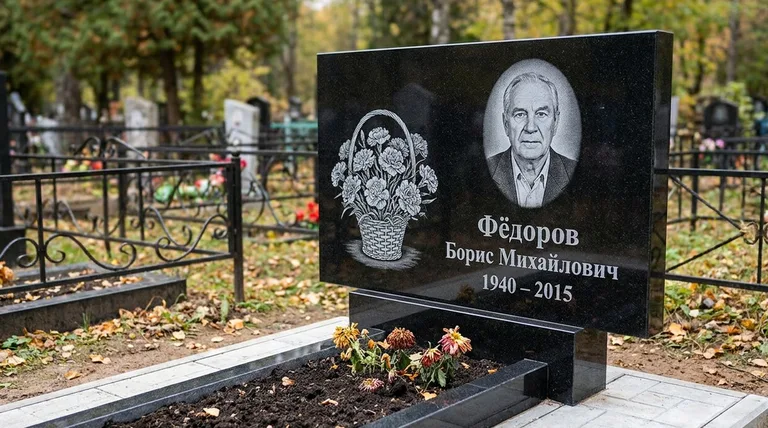 Памятник с гравировкой гвоздик — выполненная работа «Фёдоров» в Альметьевске