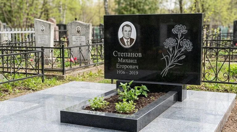 Памятник с гравировкой гвоздик — выполненная работа «Степанов» в Альметьевске