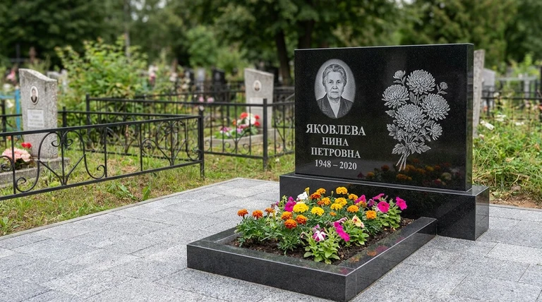 Гравировка хризантем на памятник в Альметьевске — пример работы на граните