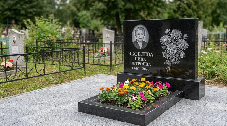 Памятник с гравировкой хризантем — выполненная работа «Соколов» в Альметьевске
