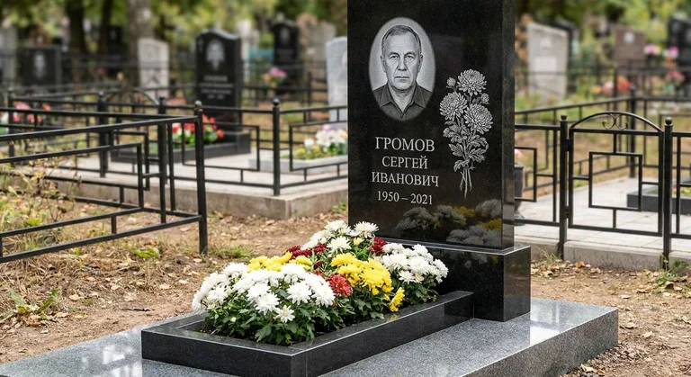 Памятник с гравировкой хризантем — выполненная работа «Громов» в Альметьевске