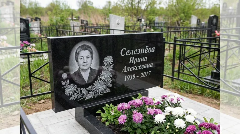 Памятник с гравировкой хризантем — выполненная работа «Селезнёва» в Альметьевске