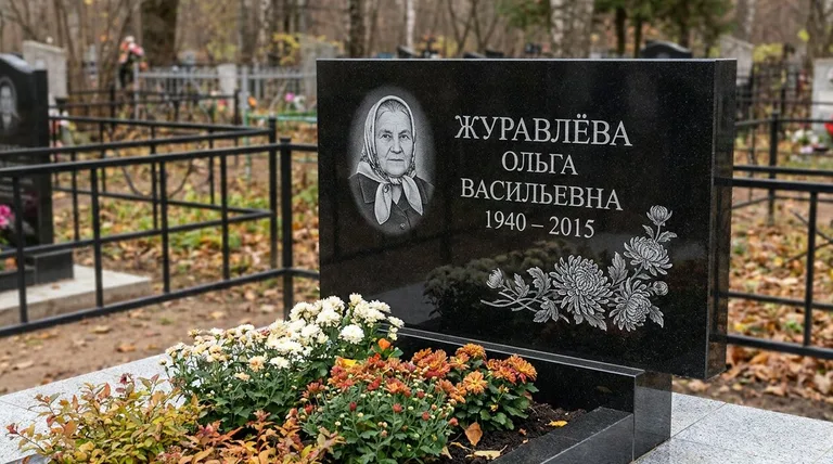 Памятник с гравировкой хризантем — выполненная работа «Журавлёва» в Альметьевске