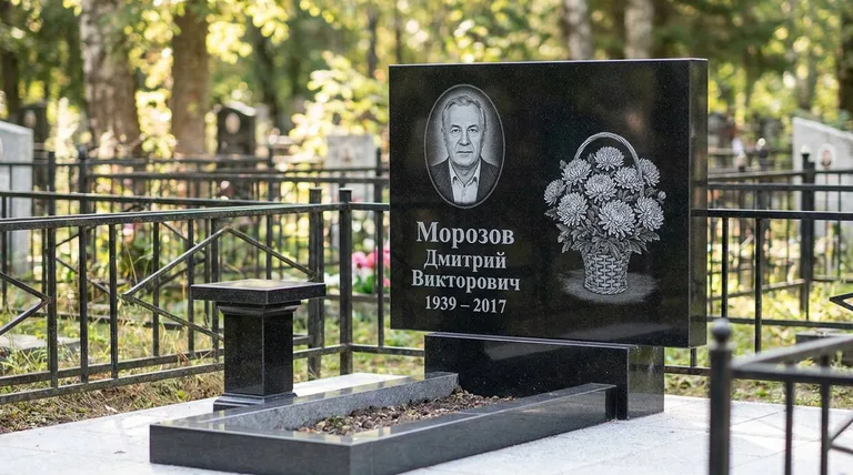Памятник с гравировкой хризантем — выполненная работа «Морозов» в Альметьевске