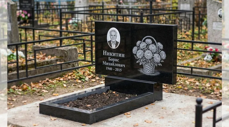 Памятник с гравировкой хризантем — выполненная работа «Никитин» в Альметьевске