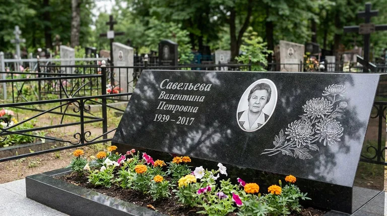 Памятник с гравировкой хризантем — выполненная работа «Савельева» в Альметьевске