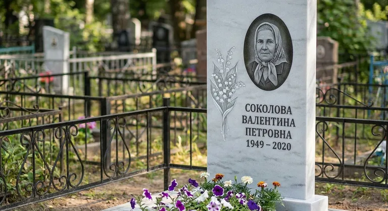 Памятник с гравировкой ландышей — выполненная работа «Соколова» в Альметьевске