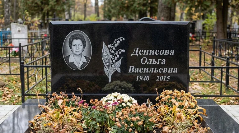 Памятник с гравировкой ландышей — выполненная работа «Денисова» в Альметьевске