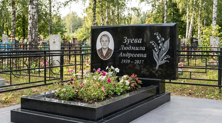 Памятник с гравировкой ландышей — выполненная работа «Зуева» в Альметьевске