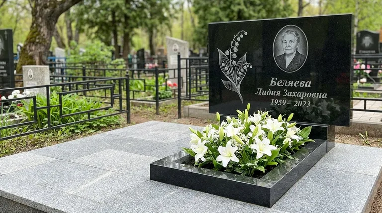 Памятник с гравировкой ландышей — выполненная работа «Беляева» в Альметьевске
