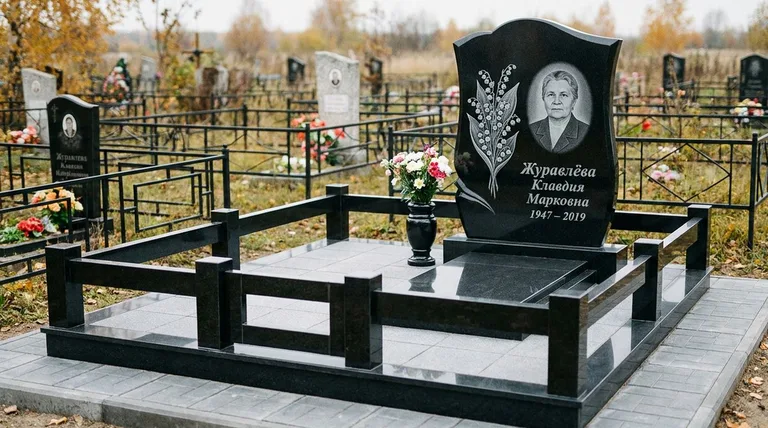 Памятник с гравировкой ландышей — выполненная работа «Журавлёва» в Альметьевске
