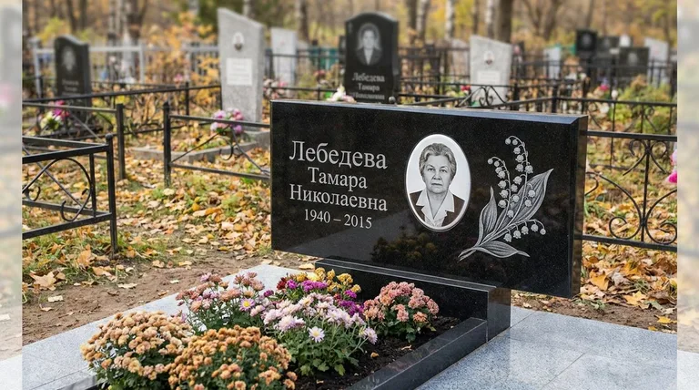 Памятник с гравировкой ландышей — выполненная работа «Лебедева» в Альметьевске