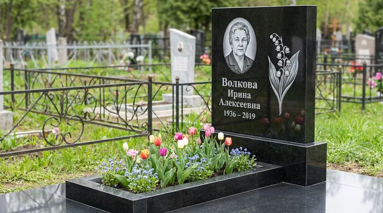 Памятник с гравировкой ландышей — выполненная работа «Волкова» в Альметьевске