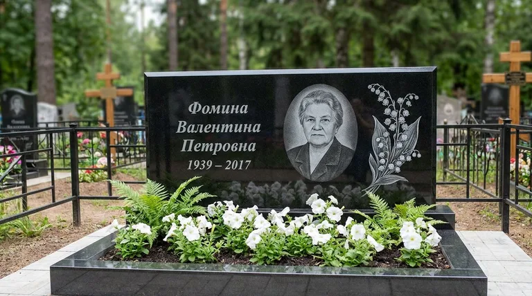 Памятник с гравировкой ландышей — выполненная работа «Фомина» в Альметьевске