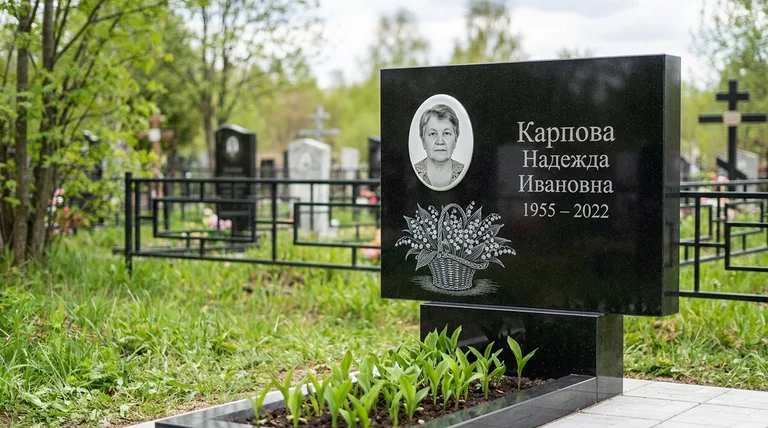 Памятник с гравировкой ландышей — выполненная работа «Карпова» в Альметьевске