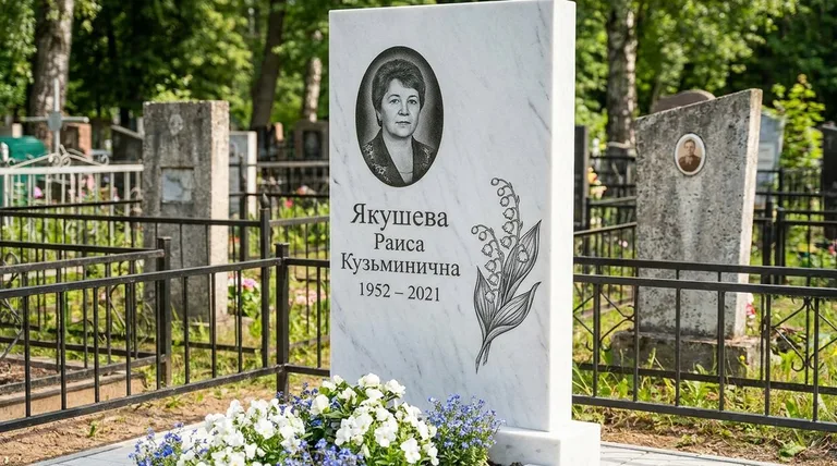 Памятник с гравировкой ландышей — выполненная работа «Якушева» в Альметьевске