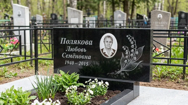 Памятник с гравировкой ландышей — выполненная работа «Полякова» в Альметьевске