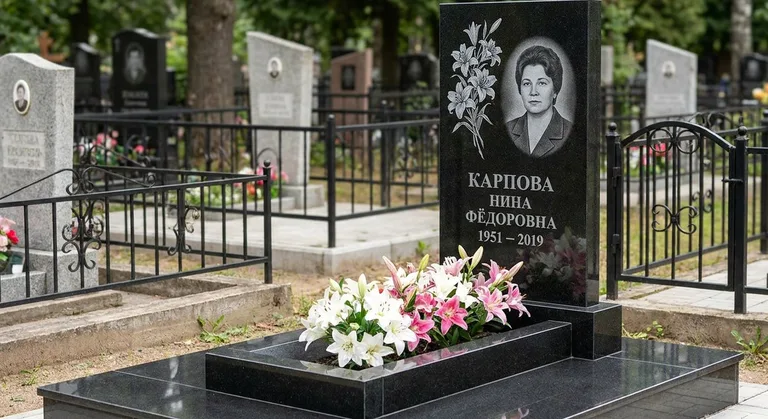 Памятник с гравировкой лилий — выполненная работа «Карпова» в Альметьевске