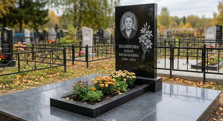 Памятник с гравировкой лилий — выполненная работа «Полякова» в Альметьевске