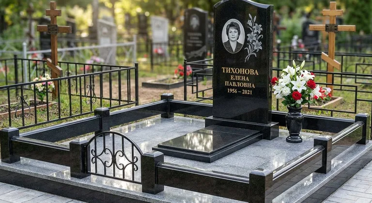 Памятник с гравировкой лилий — выполненная работа «Тихонова» в Альметьевске