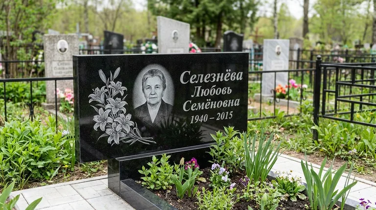 Памятник с гравировкой лилий — выполненная работа «Селезнёва» в Альметьевске
