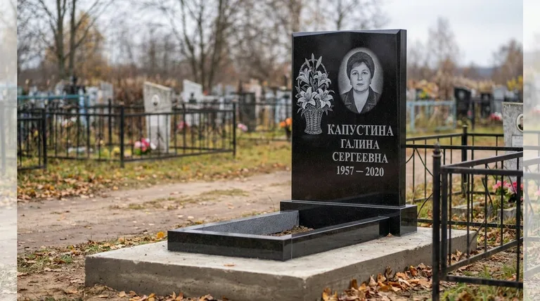 Памятник с гравировкой лилий — выполненная работа «Капустина» в Альметьевске