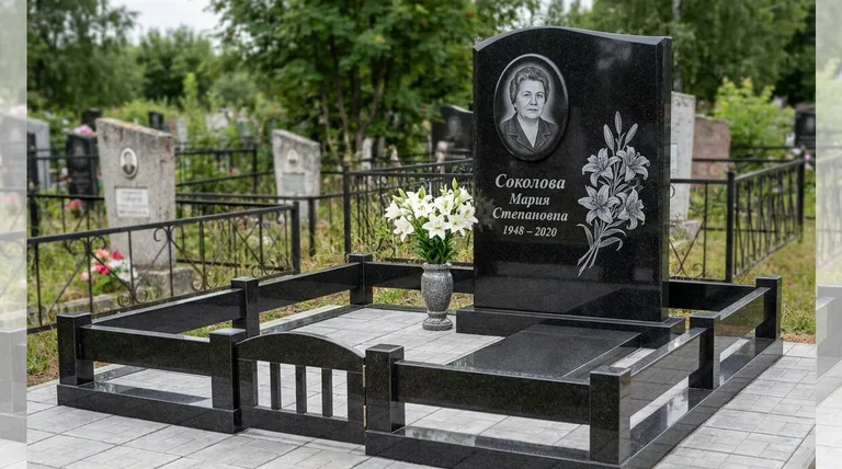 Памятник с гравировкой лилий — выполненная работа «Соколова» в Альметьевске