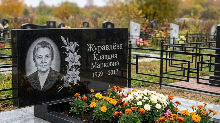 Памятник с гравировкой лилий — выполненная работа «Журавлёва» в Альметьевске