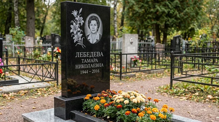 Памятник с гравировкой лилий — выполненная работа «Лебедева» в Альметьевске