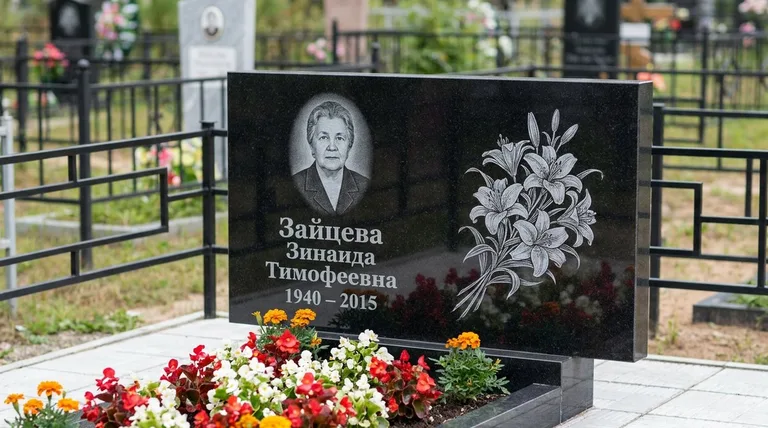 Памятник с гравировкой лилий — выполненная работа «Зайцева» в Альметьевске