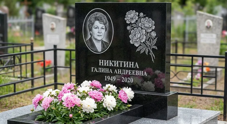 Памятник с гравировкой пионов — выполненная работа «Никитина» в Альметьевске