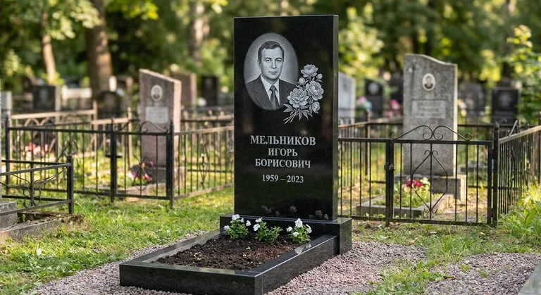 Памятник с гравировкой пионов — выполненная работа «Мельников» в Альметьевске