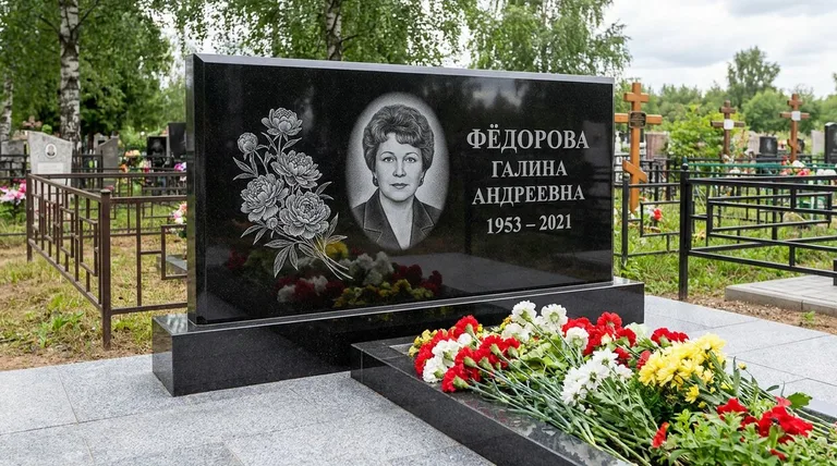 Памятник с гравировкой пионов — выполненная работа «Фёдорова» в Альметьевске