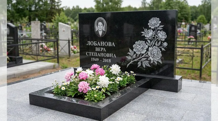 Памятник с гравировкой пионов — выполненная работа «Лобанова» в Альметьевске