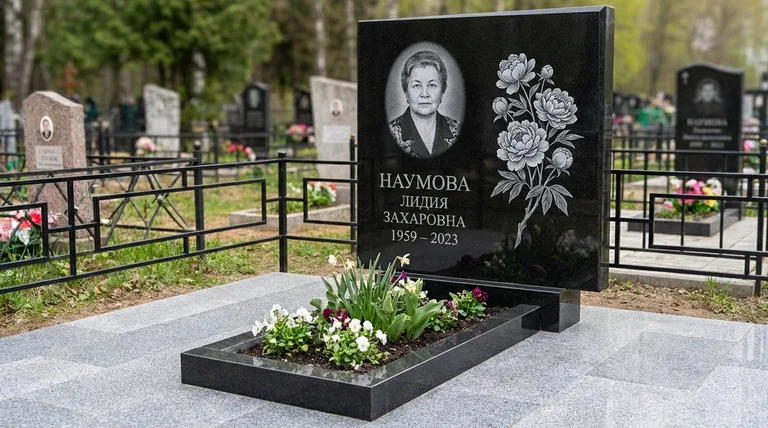 Памятник с гравировкой пионов — выполненная работа «Наумова» в Альметьевске