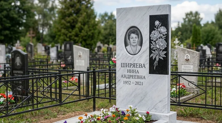 Памятник с гравировкой пионов — выполненная работа «Ширяева» в Альметьевске