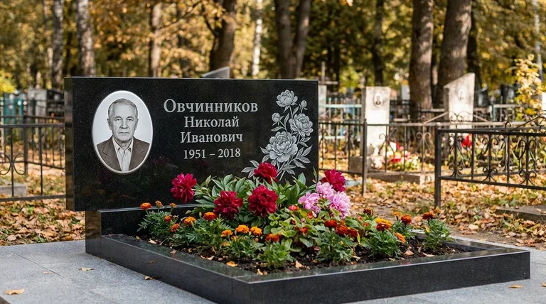 Памятник с гравировкой пионов — выполненная работа «Овчинников» в Альметьевске