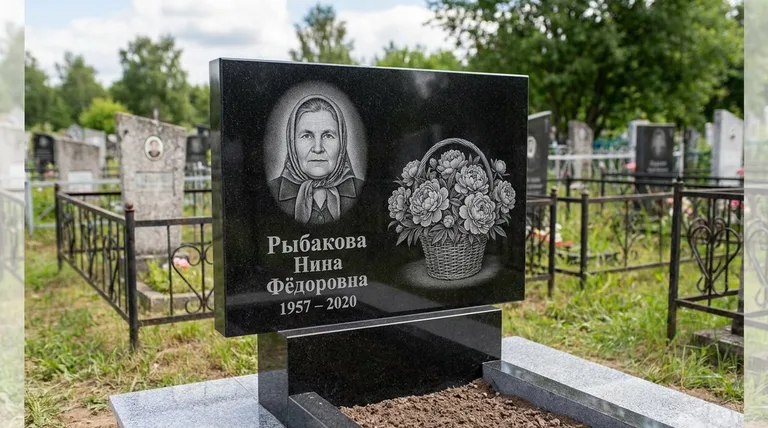 Памятник с гравировкой пионов — выполненная работа «Рыбакова» в Альметьевске