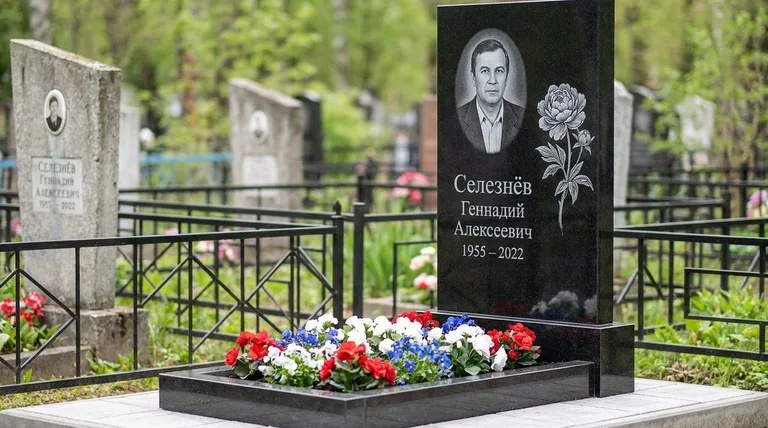 Памятник с гравировкой пионов — выполненная работа «Селезнёв» в Альметьевске