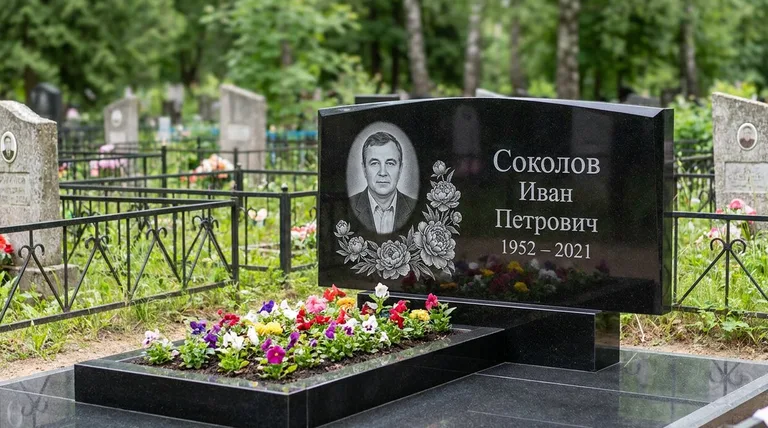 Памятник с гравировкой пионов — выполненная работа «Соколов» в Альметьевске