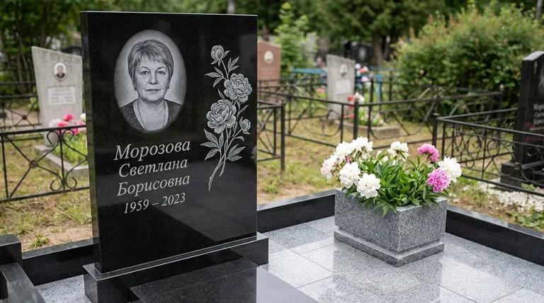 Памятник с гравировкой пионов — выполненная работа «Морозова» в Альметьевске