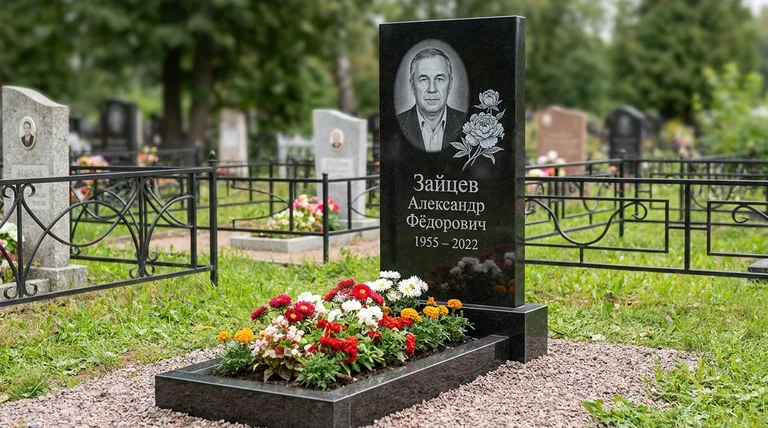Памятник с гравировкой пионов — выполненная работа «Зайцев» в Альметьевске