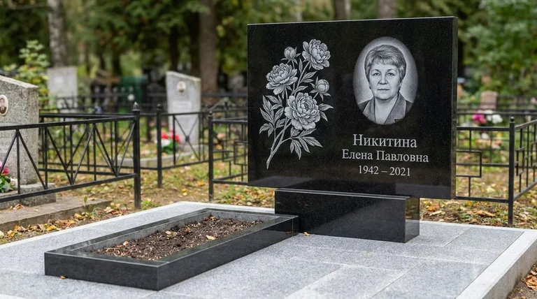 Памятник с гравировкой пионов — выполненная работа «Никитина» в Альметьевске