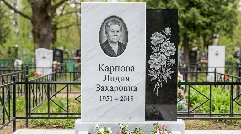 Памятник с гравировкой пионов — выполненная работа «Карпова» в Альметьевске