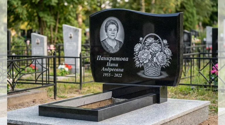 Памятник с гравировкой пионов — выполненная работа «Панкратова» в Альметьевске