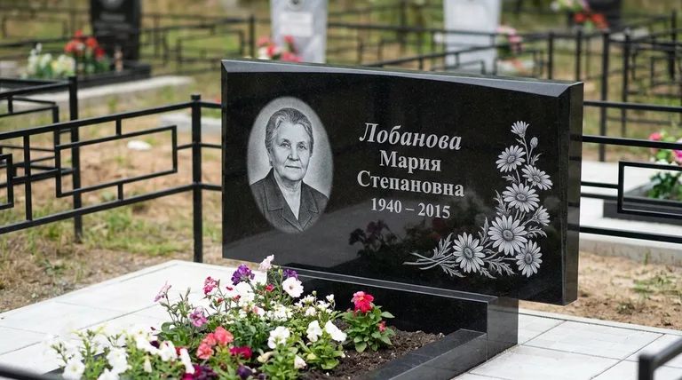 Памятник с гравировкой ромашек — выполненная работа «Лобанова» в Альметьевске