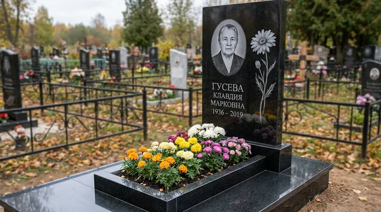 Памятник с гравировкой ромашек — выполненная работа «Гусева» в Альметьевске