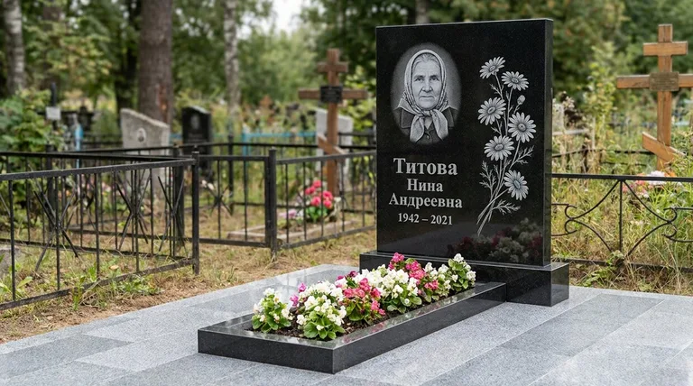 Памятник с гравировкой ромашек — выполненная работа «Титова» в Альметьевске